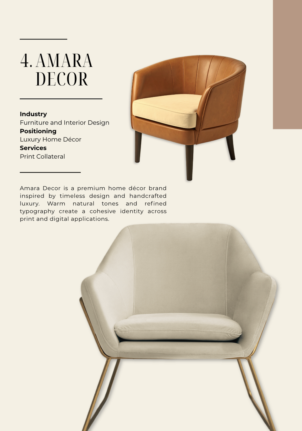 Amara Decor project introduction page with chairs.