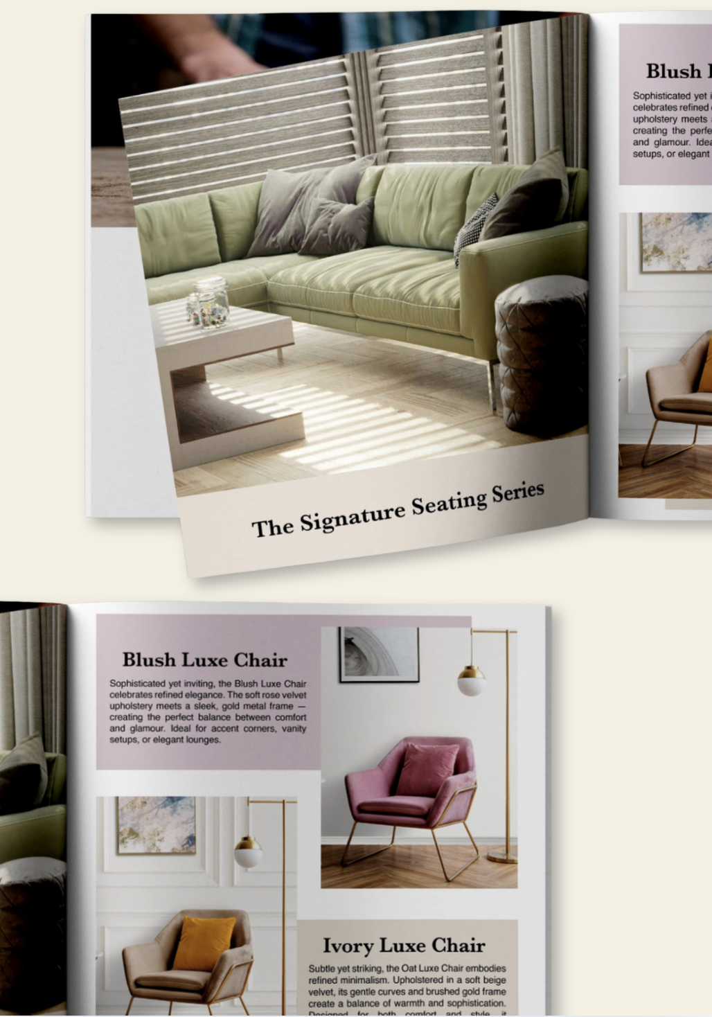Amara Decor catalogue spread showing signature seating series.