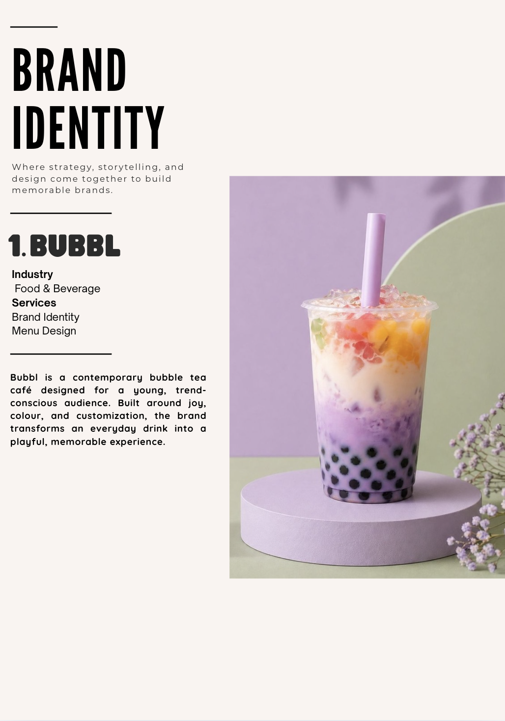 Brand identity page for Bubbl showing services, project description, and a bubble tea visual.