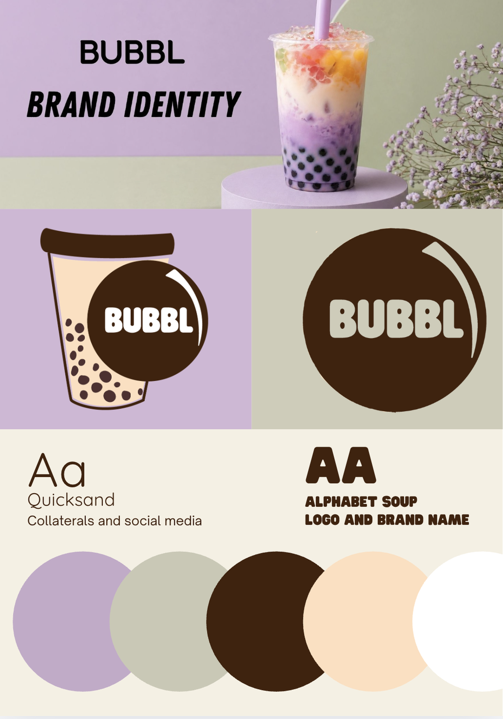 Bubbl brand board with logo marks, typography, and color palette.