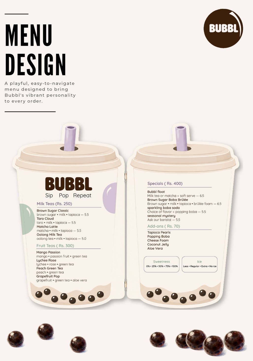 Bubbl menu design page with cup-shaped menu artwork.