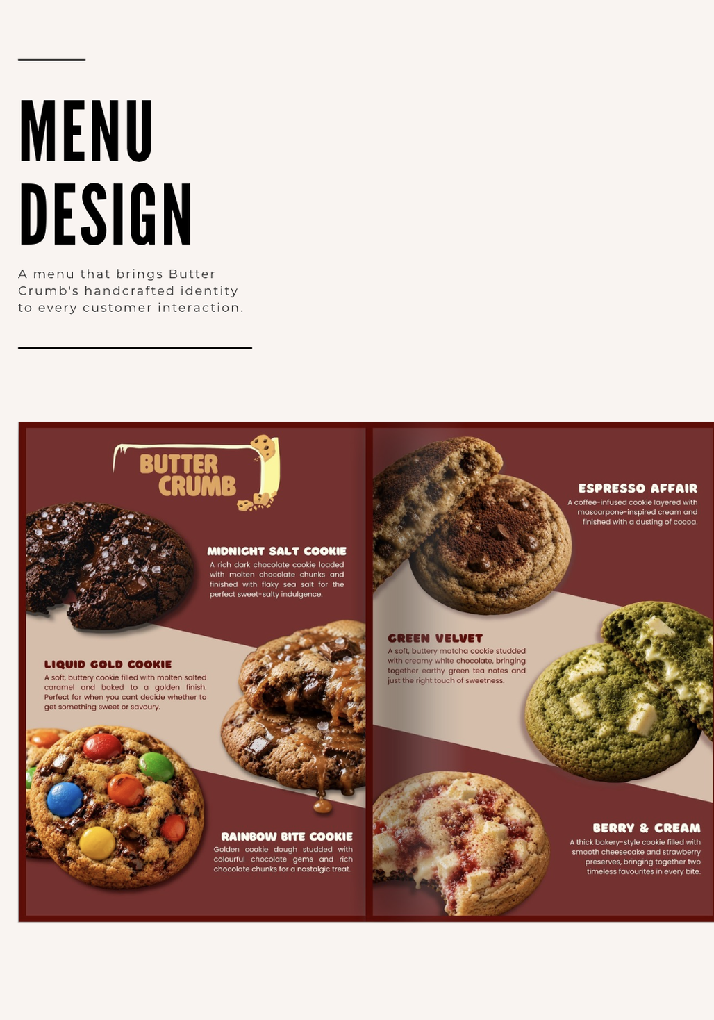 Butter Crumb menu design with cookie products.