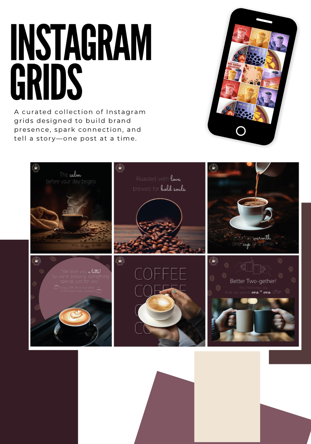 Instagram grids portfolio page showing a coffee grid and decorative blocks.