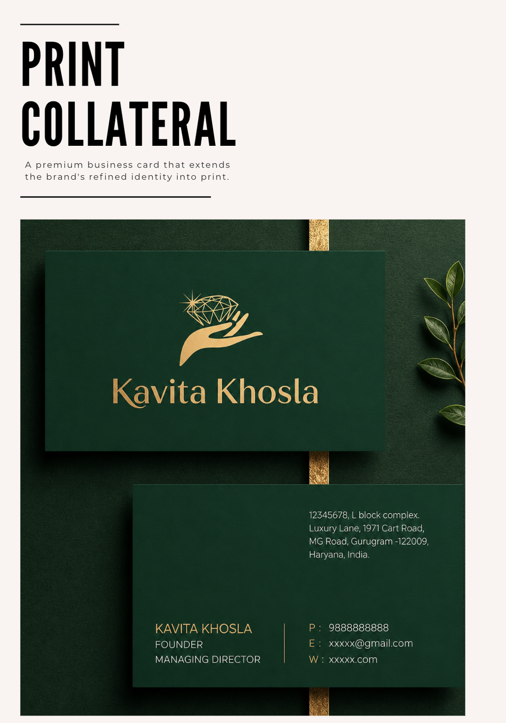 Kavita Khosla print collateral business card mockup.