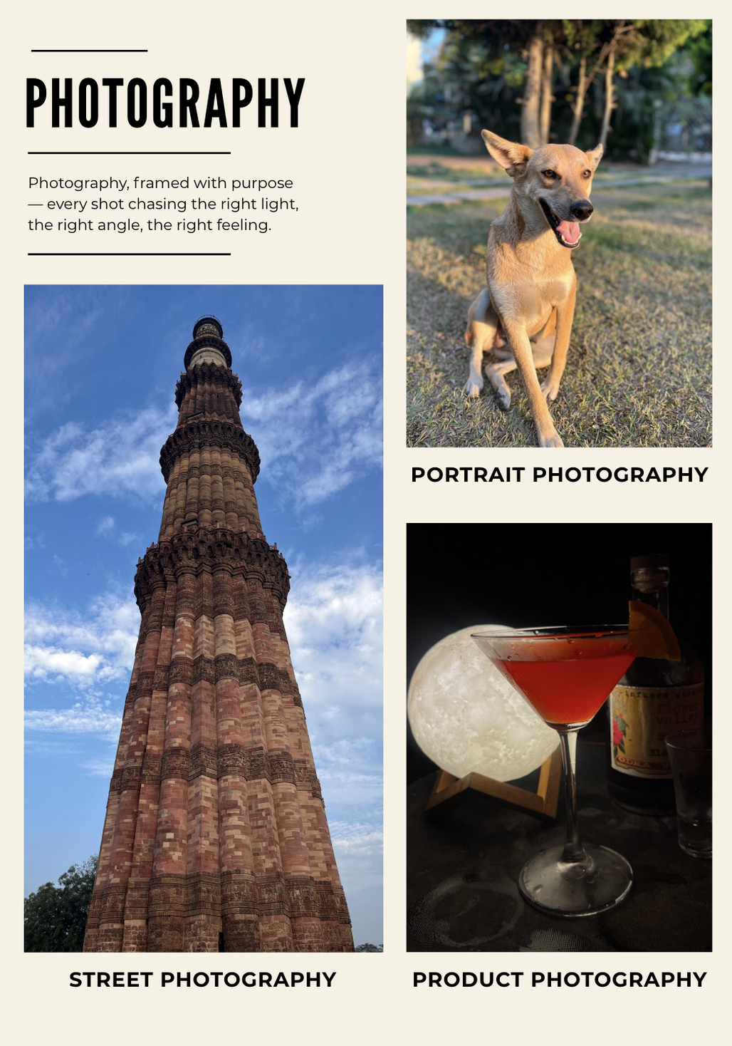 Photography overview page with street, portrait, and product photography.