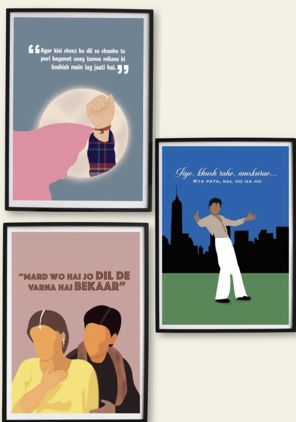 Poster collection page with three framed illustrated posters.