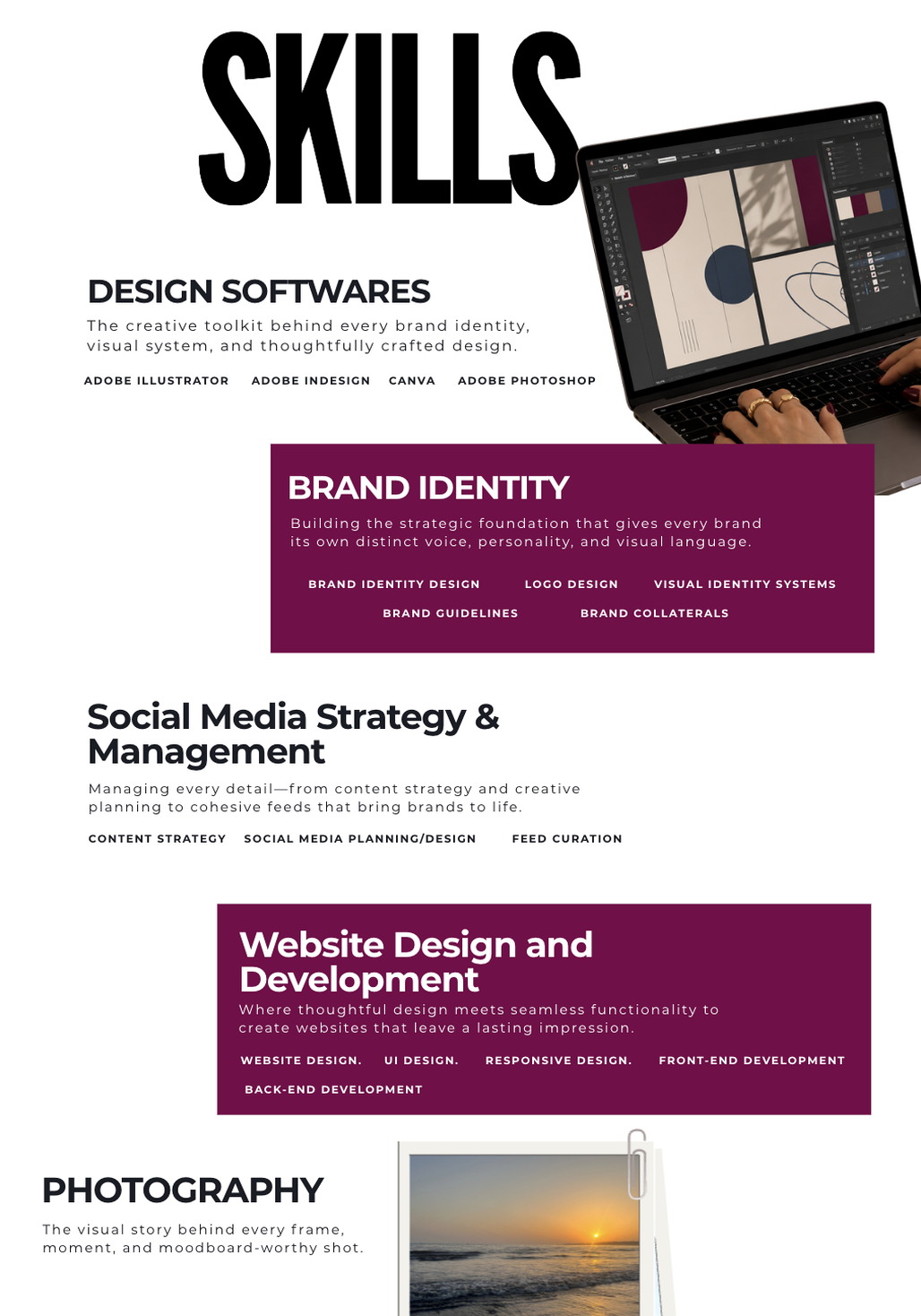 Skills page showing design softwares, brand identity, social media strategy, website design and development, and photography.